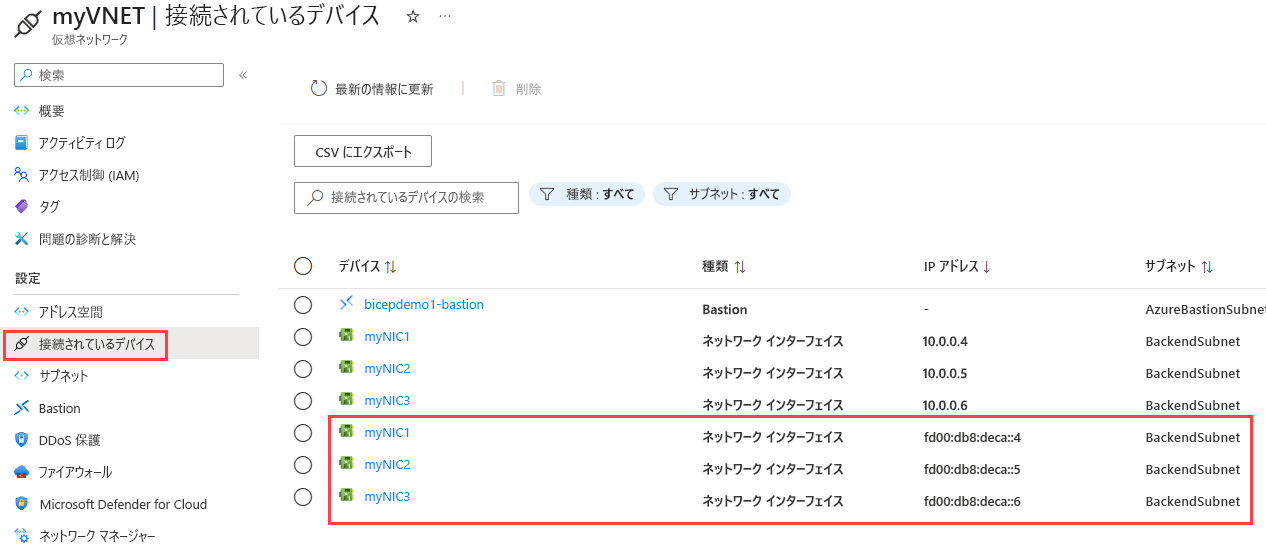 ネットワーク インターフェイスに IPv4 アドレスと IPv6 アドレスが表示されている接続デバイス設定のスクリーンショット。