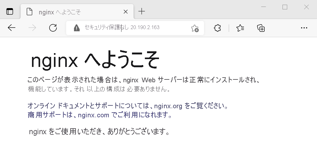 NGINX Web サーバーのテストのスクリーンショット。