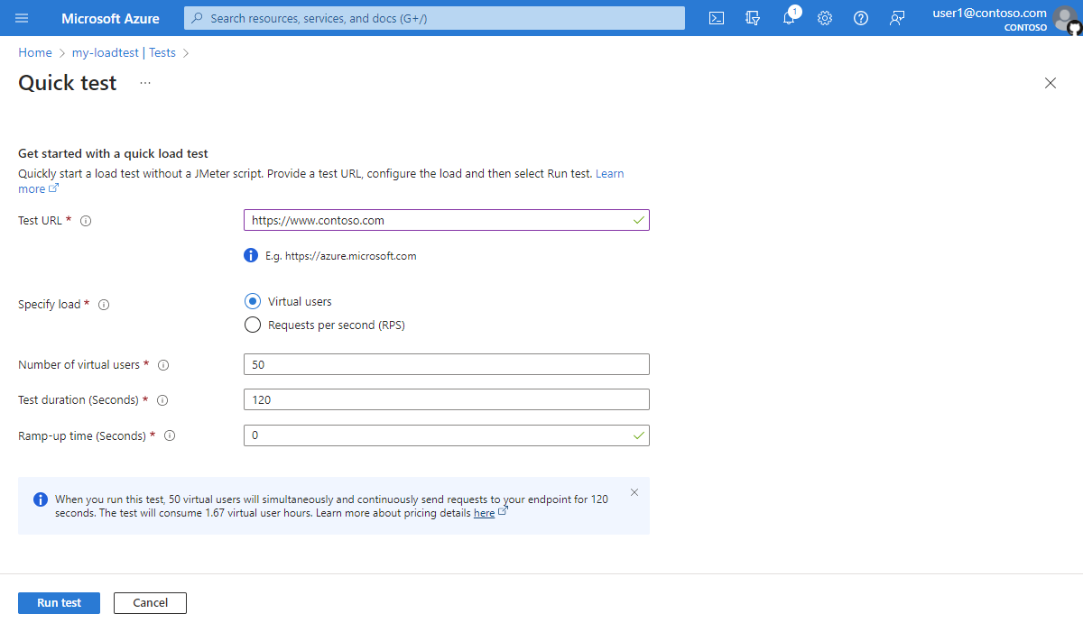 Azure portal でクイック テストを作成するためのページを示すスクリーンショット。