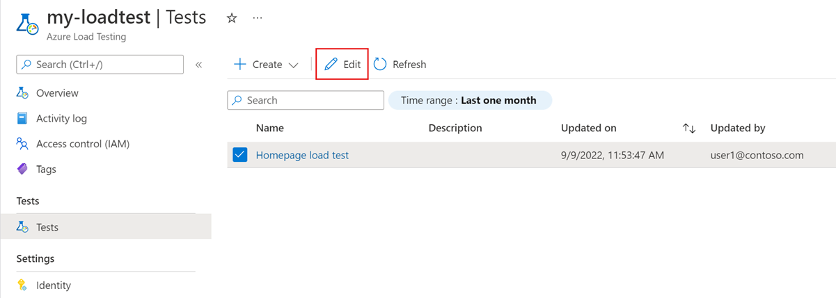 テストを編集するためのボタンを強調表示する [テスト] ページを示すスクリーンショット。