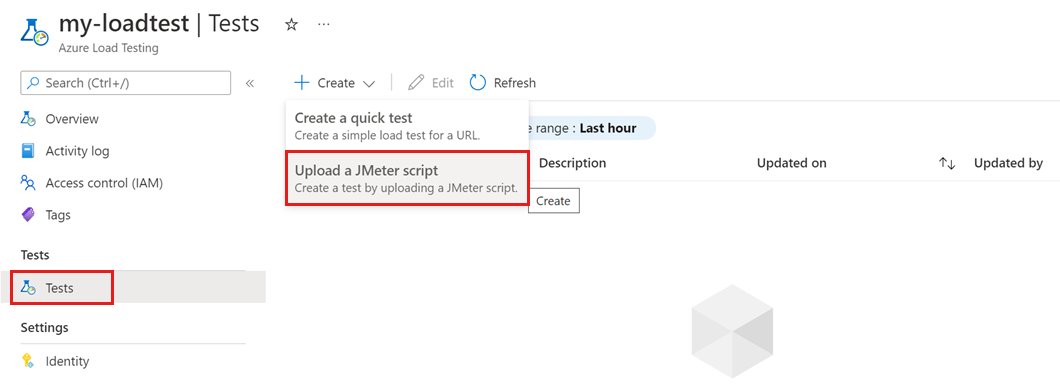 Azure portal で JMeter ファイルをアップロードして新しいロード テストを作成する方法を示すスクリーンショット。