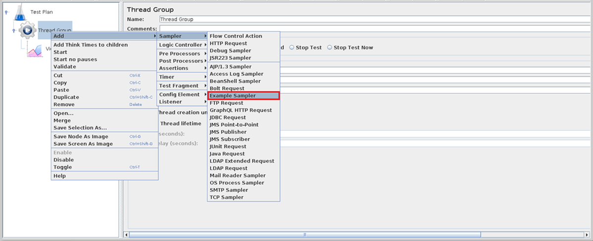 JMeter ユーザー インターフェイスを使用してテスト計画にカスタム サンプラーを追加する方法を示すスクリーンショット。