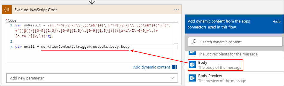 従量課金ワークフロー、[JavaScript コードの実行] アクション、動的なコンテンツのリスト、選択された電子メール メッセージの [本文] プロパティを示すクリーンショット。