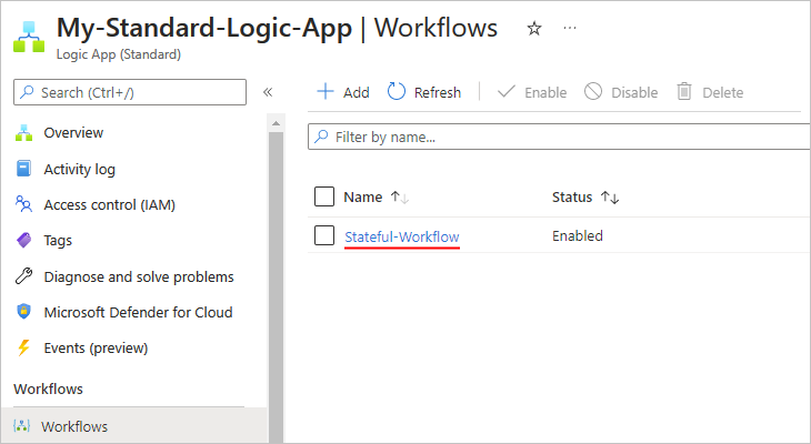 Stateful-Workflow という名前の新しい空のステートフル ワークフローを示すスクリーンショット。