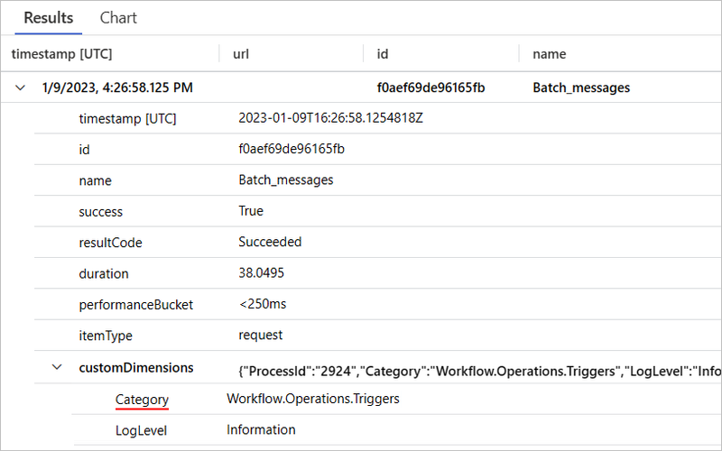 バッチ メッセージ トリガー イベントの Application Insights と Requests テーブルとレコードを示すスクリーンショット。