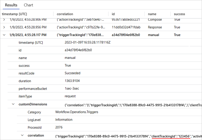 操作名とクライアント追跡 ID を使用したクエリ結果を示すスクリーンショット。