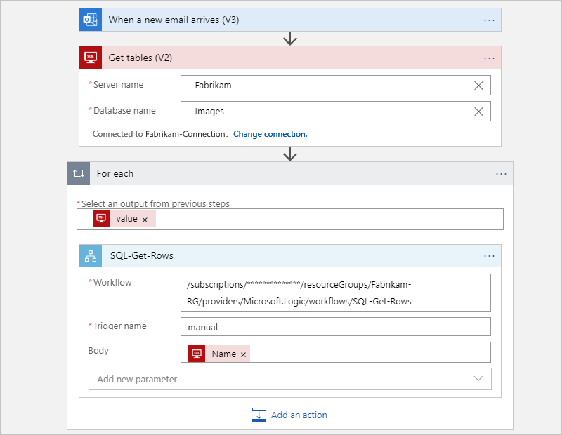 SQL Server テーブルを取得し、子ワークフローを呼び出す従量課金親ワークフローを示すスクリーンショット。