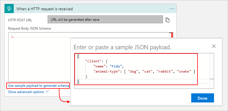 [HTTP 要求の受信時] アクションとサンプルの JSON ペイロードを示すスクリーンショット。