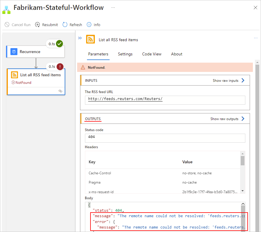 失敗したステップの出力が表示された、Standard ロジック アプリのワークフローを示すスクリーンショット。