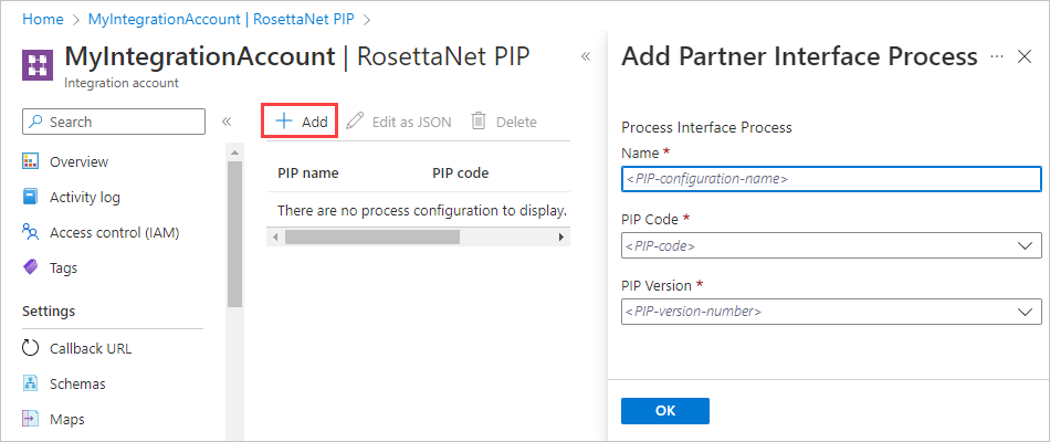 [追加] が選択されている [RosettaNet PIP] ページのスクリーンショット。[Partner Interface Process の追加] ペインには、名前、コード、およびバージョンのボックスがあります。