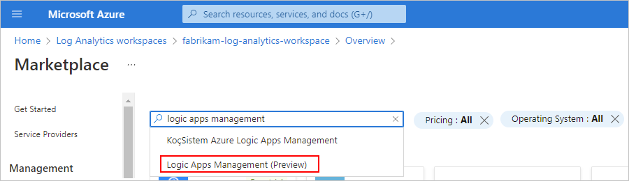 Azure portal が示されているスクリーンショット。[Marketplace] ページの検索ボックスに「Logic Apps 管理」が入力され、[Logic Apps 管理] が選択されています。