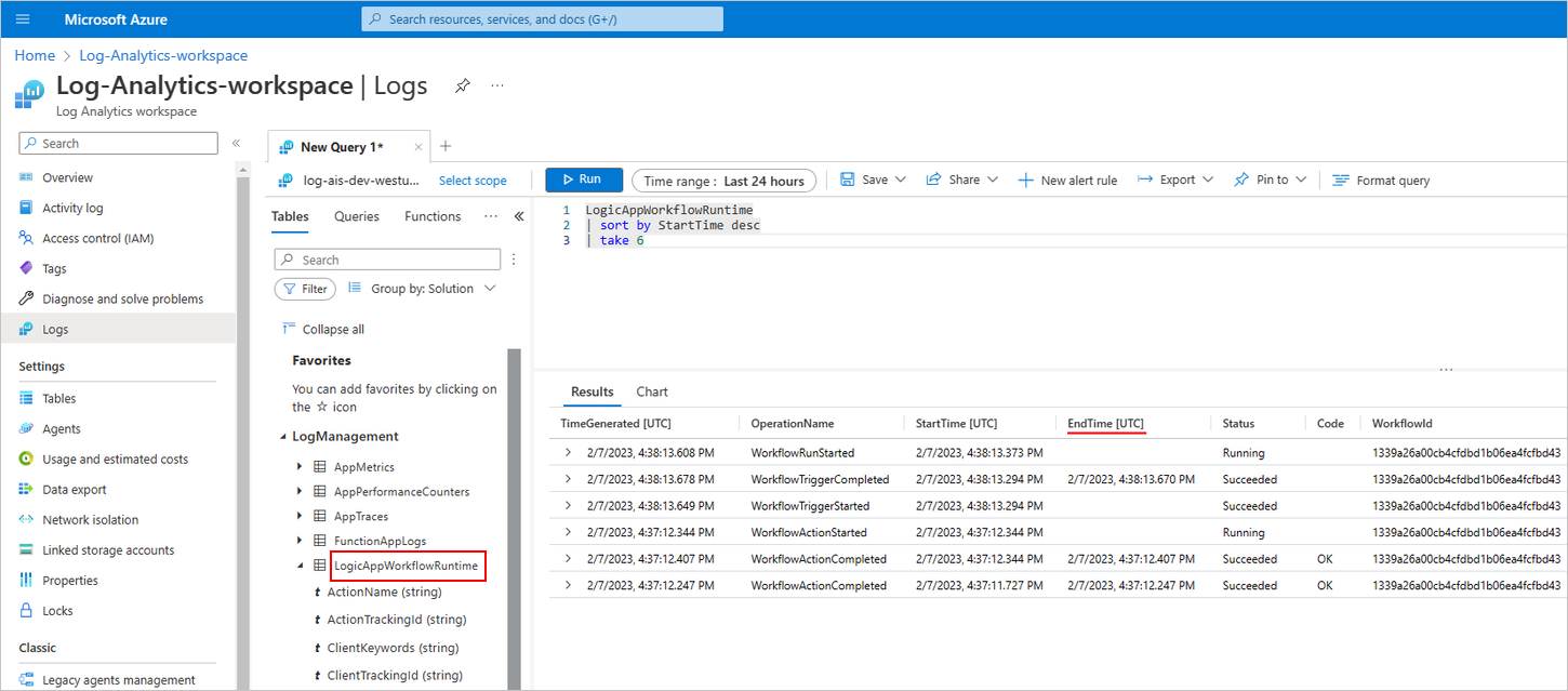 Azure portal、Log Analytics ワークスペース、Standard ロジック アプリ ワークフロー実行のキャプチャされたテレメトリが示されているスクリーンショット。