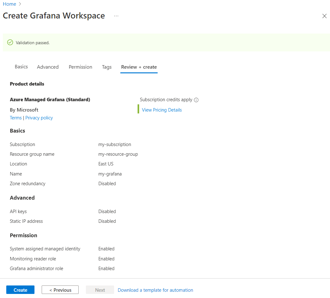 Azure portal のスクリーンショット。ワークスペース フォームを作成します。検証。