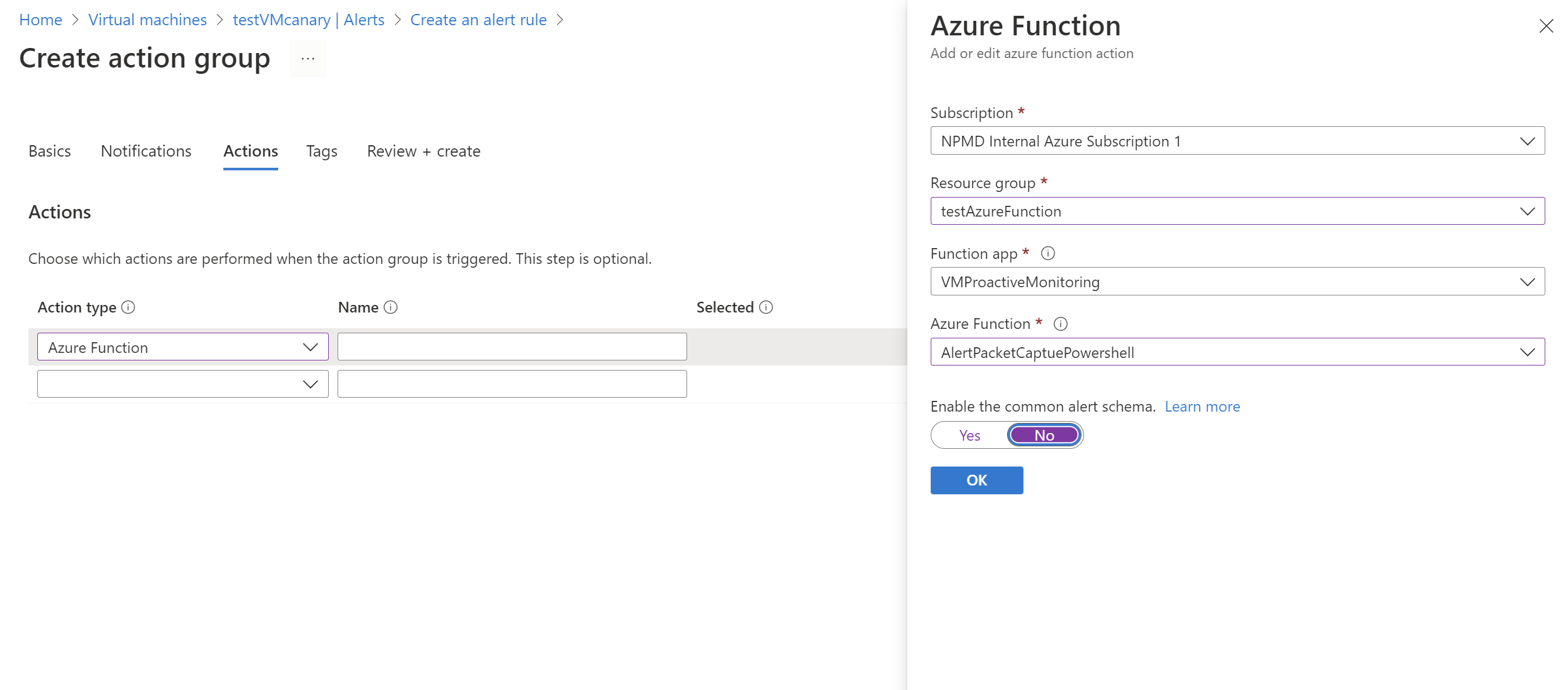 [アクション グループの作成] ページと、[Azure 関数の詳細] ペインのスクリーンショット。