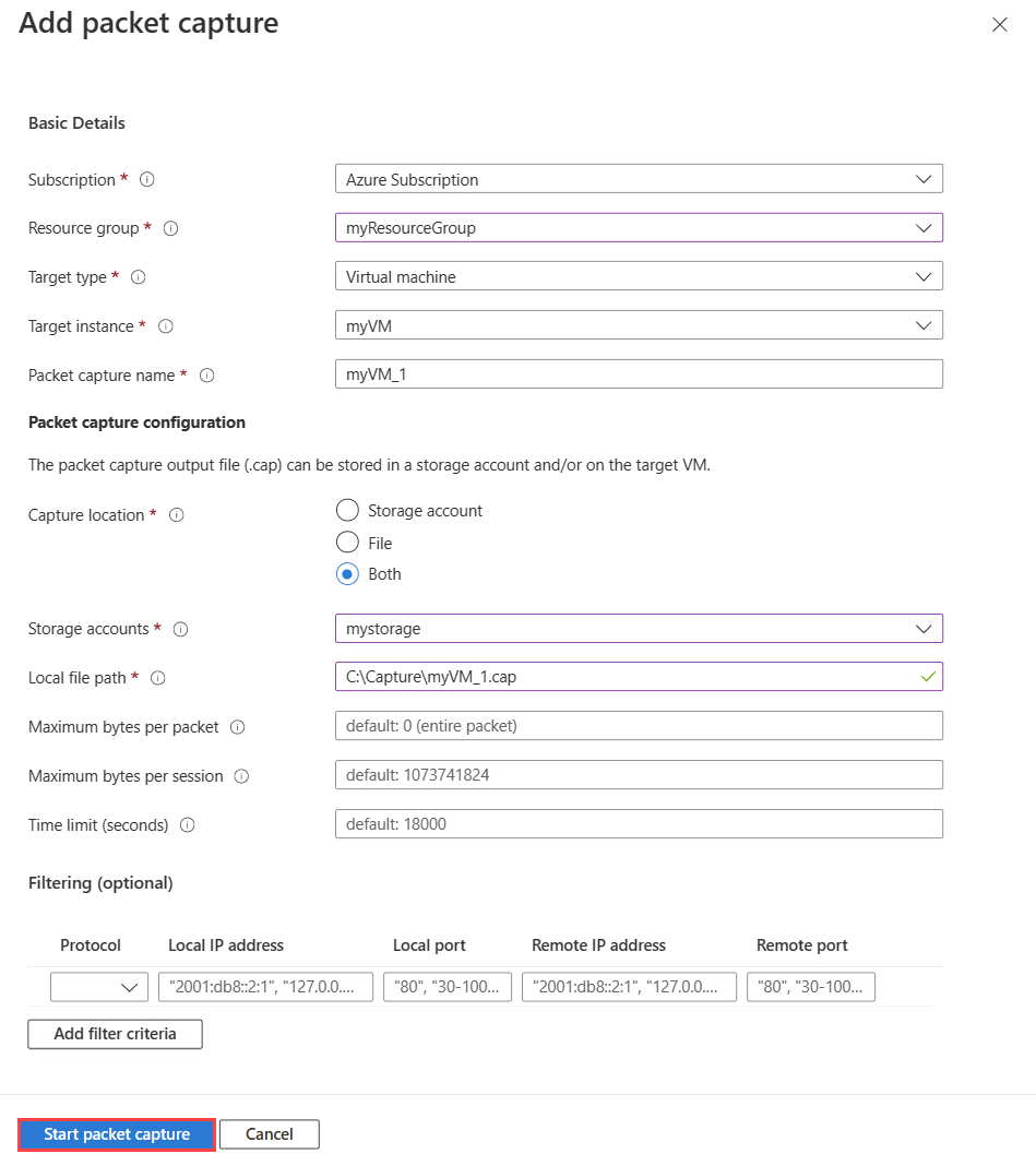 使用可能なオプションを示す Azure portal での [パケット キャプチャの追加] のスクリーンショット。