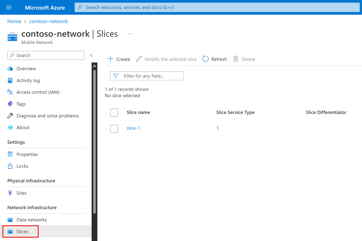 ネットワーク スライスの一覧を示すAzure portalのスクリーンショット。[リソースのスライス] メニュー オプションが強調表示されています。