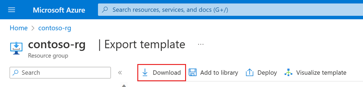 テンプレートをダウンロードするオプションを示す Azure portal のスクリーンショット。