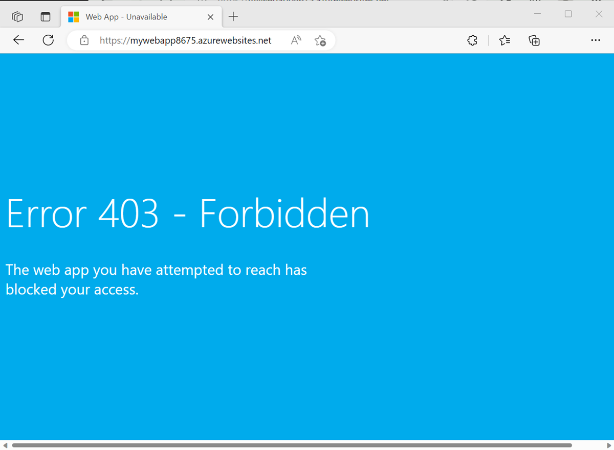 外部 Web アプリ アドレスに対するエラー 403 の青いページを示す Web ブラウザーのスクリーンショット。