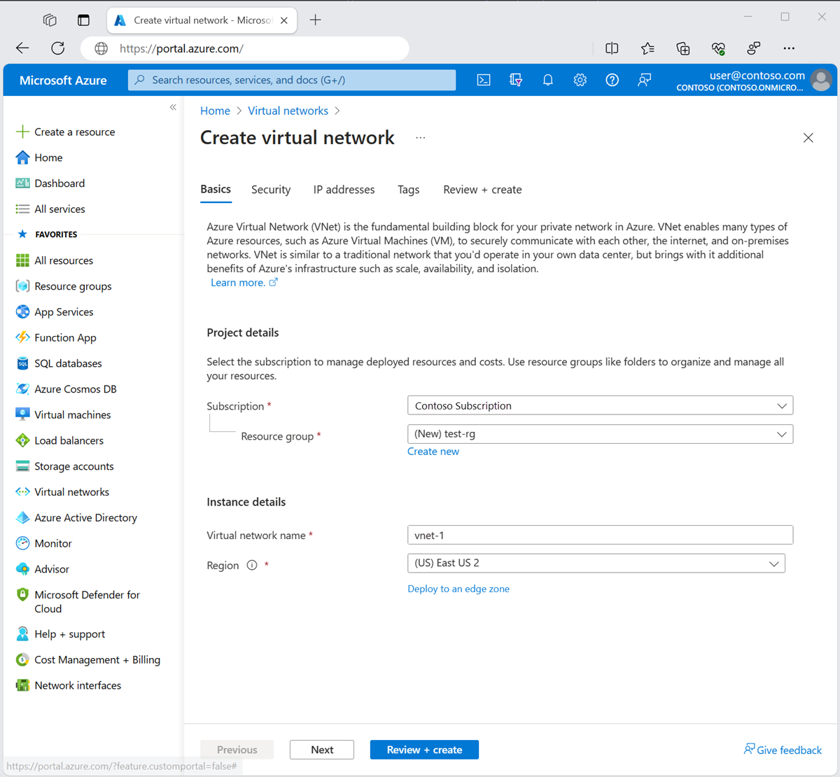 Azure portal で仮想ネットワークを作成するための [基本] タブのスクリーンショット。