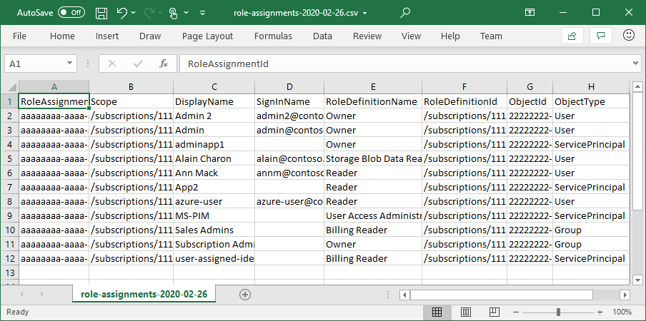 ロールの割り当てを CSV としてダウンロードする画面のスクリーンショット。