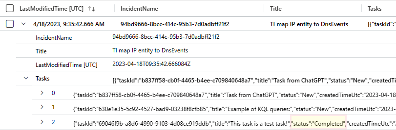 インシデント タスクとその新しいステータスを示すクエリ結果のスクリーンショット。.