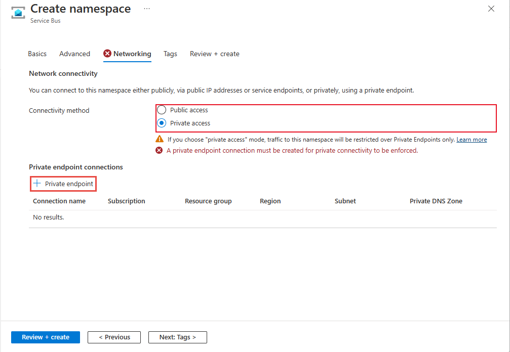 [プライベート アクセス] オプションが選択された名前空間の作成ウィザードの [ネットワーク] ページを示すスクリーンショット。
