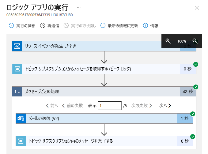 選択したロジック アプリの実行の詳細を示すスクリーンショット。