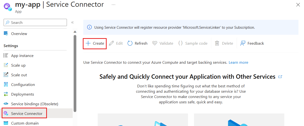 接続を作成するボタンが選択されている Azure portal のスクリーンショット。