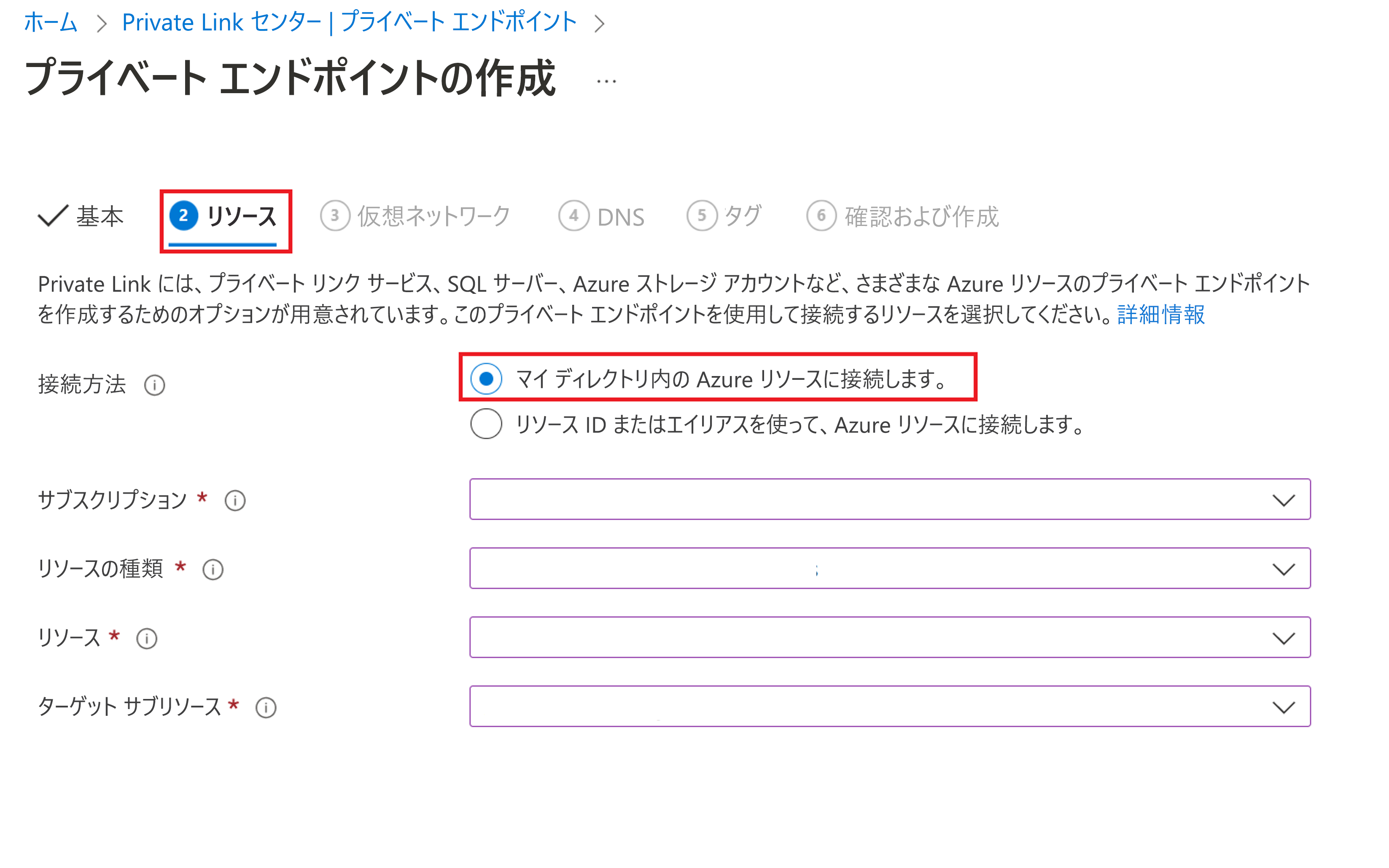 プライベート エンドポイントにリンクするための [リソース] タブを示すスクリーンショット。