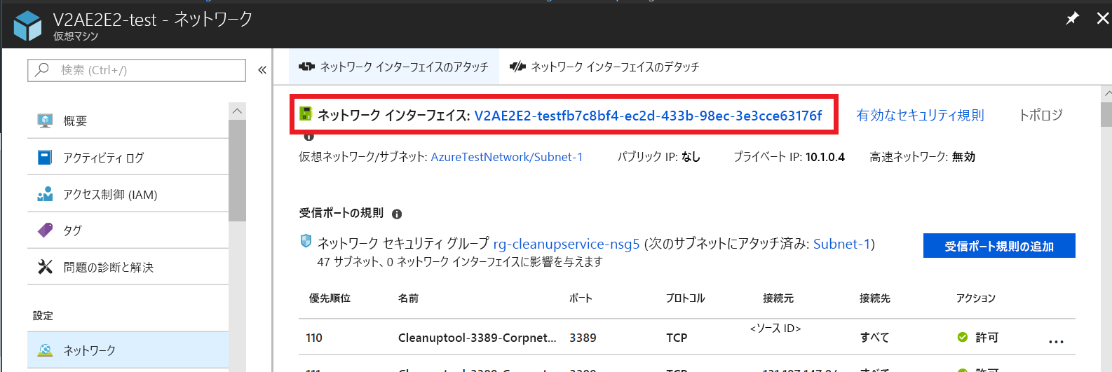 仮想マシンのネットワーク ページを示すスクリーンショット。ネットワーク インターフェイス名が選ばれています。