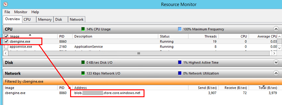 Screenshot showing connectivity between cbengine.exe and the Azure Blob storage URL.