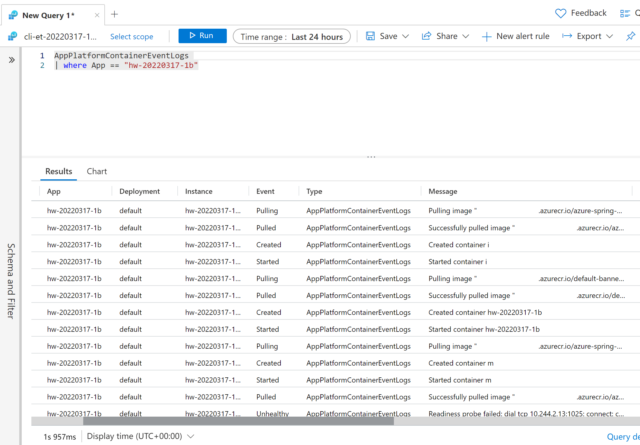 コンテナー イベント ログを示す Azure Monitor のスクリーンショット。