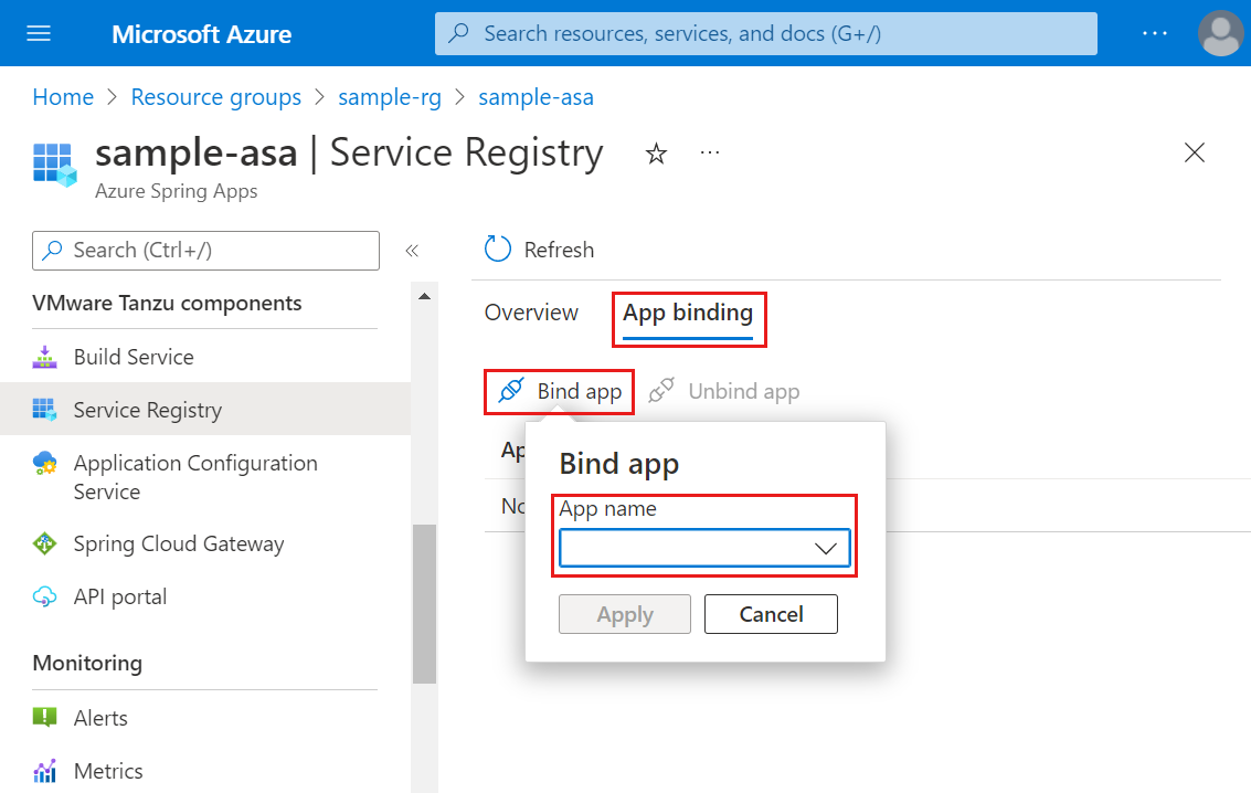 Azure portal のスクリーンショット。[サービス レジストリ] ページで [アプリ バインド] ドロップダウンが強調表示されています。