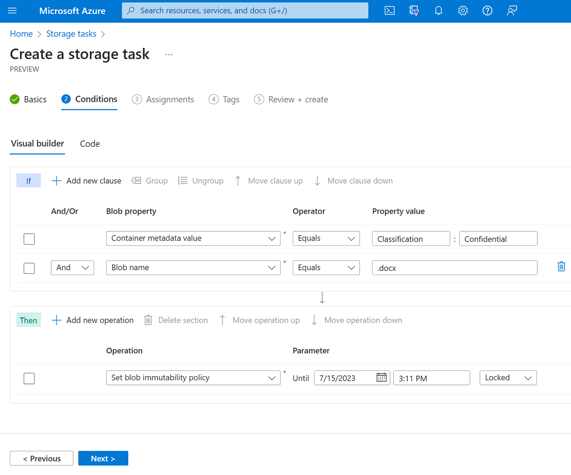 ストレージ タスク作成エクスペリエンスの [条件] タブのスクリーンショット。