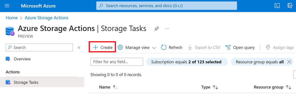 ストレージ タスクの [作成] ボタンのスクリーンショット。
