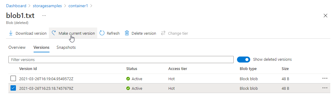 Azure portal で BLOB を復元するためにバージョンを昇格させる方法を示すスクリーンショット