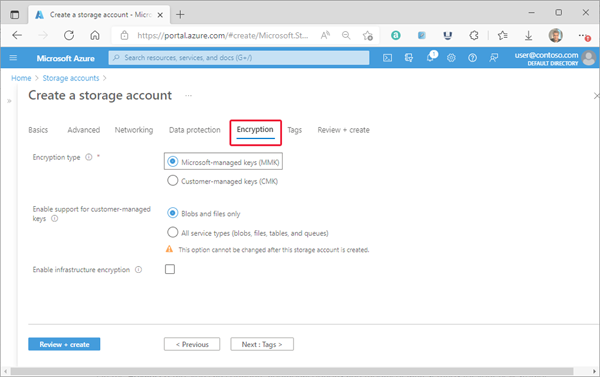 新しいストレージ アカウントの標準構成を示すスクリーンショット - [暗号化] タブ。