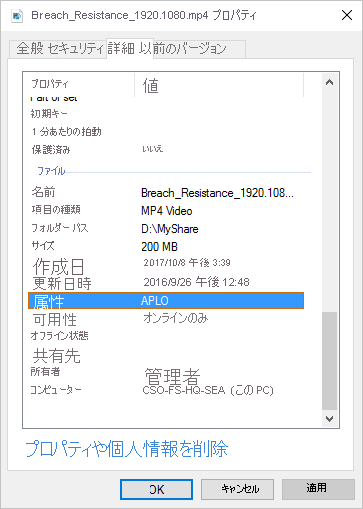 [詳細] タブが選択された、ファイルの [プロパティ] ダイアログ ボックス