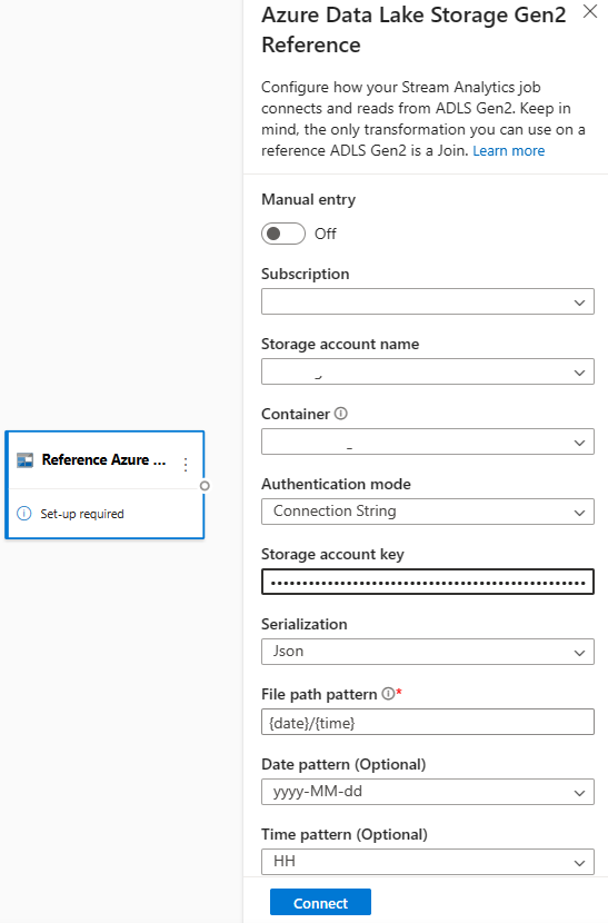 ノーコード エディターで入力として Azure Data Lake Storage Gen2 を構成するためのフィールドが表示されたスクリーンショット。