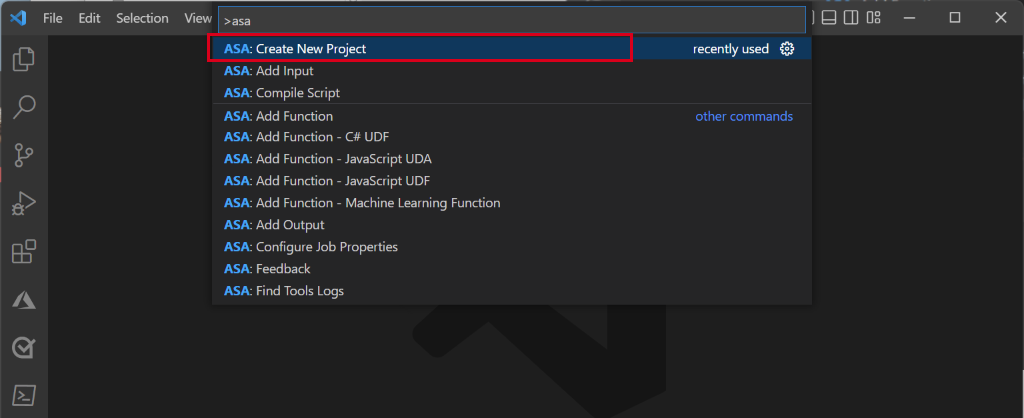コマンド パレットでの [ASA: 新しいプロジェクトの作成] の選択を示すスクリーンショット。