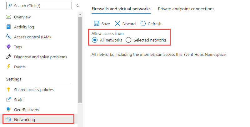 [すべてのネットワーク] へのアクセスを許可する選択が示されている、Event Hubs の [ネットワーク] ページのスクリーンショット。