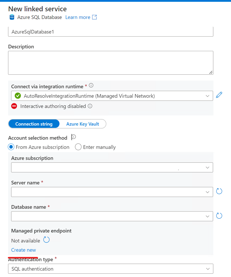 新しい Azure SQL データベースのリンク サービス プライベート エンドポイントのスクリーンショット 1。