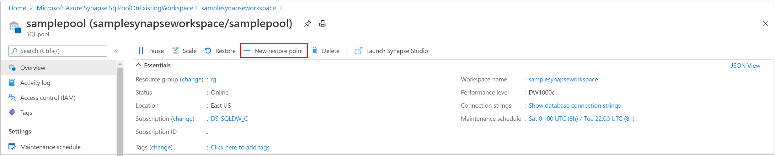 Screenshot from the Azure portal, on the Overview page of a SQL pool. The New Restore Point button is highlighted.