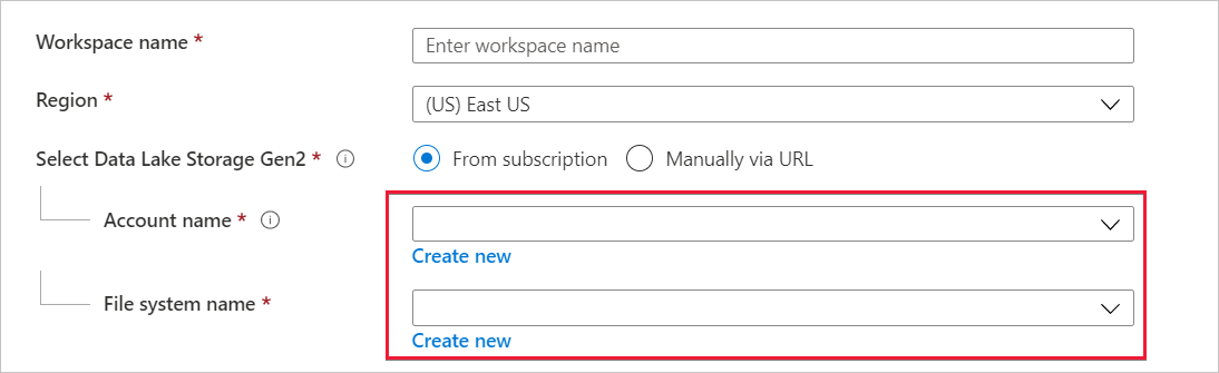 Data Lake Storage Gen2 アカウントの詳細の指定のスクリーンショット。