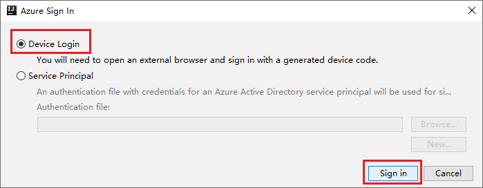 IntelliJ IDEA の [Azure Sign In]\(Azure サインイン\)