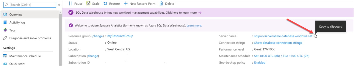 Azure portal のスクリーンショット。サーバー名を見つけて、サーバー名をクリップボードにコピーします。