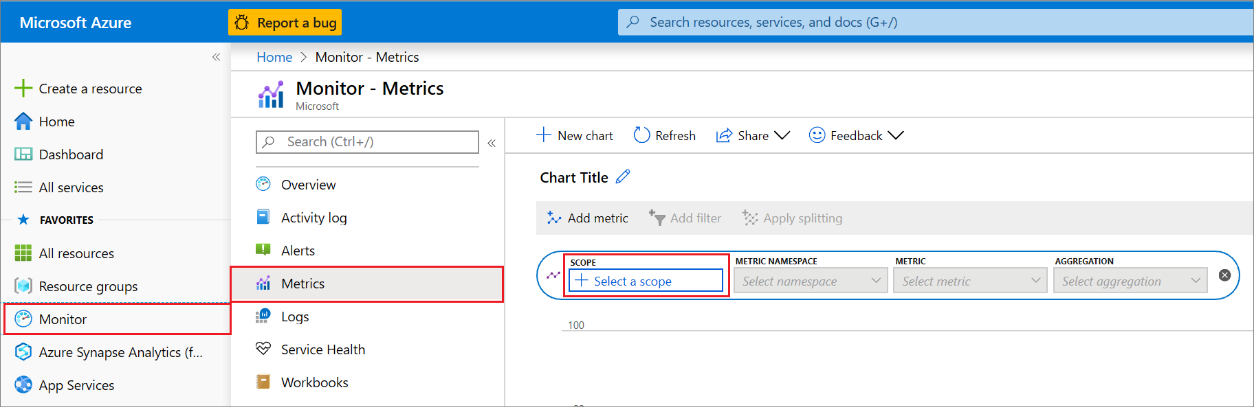 スクリーンショットには、Azure portal の [メトリック] で選択された [スコープの選択] が示されています。