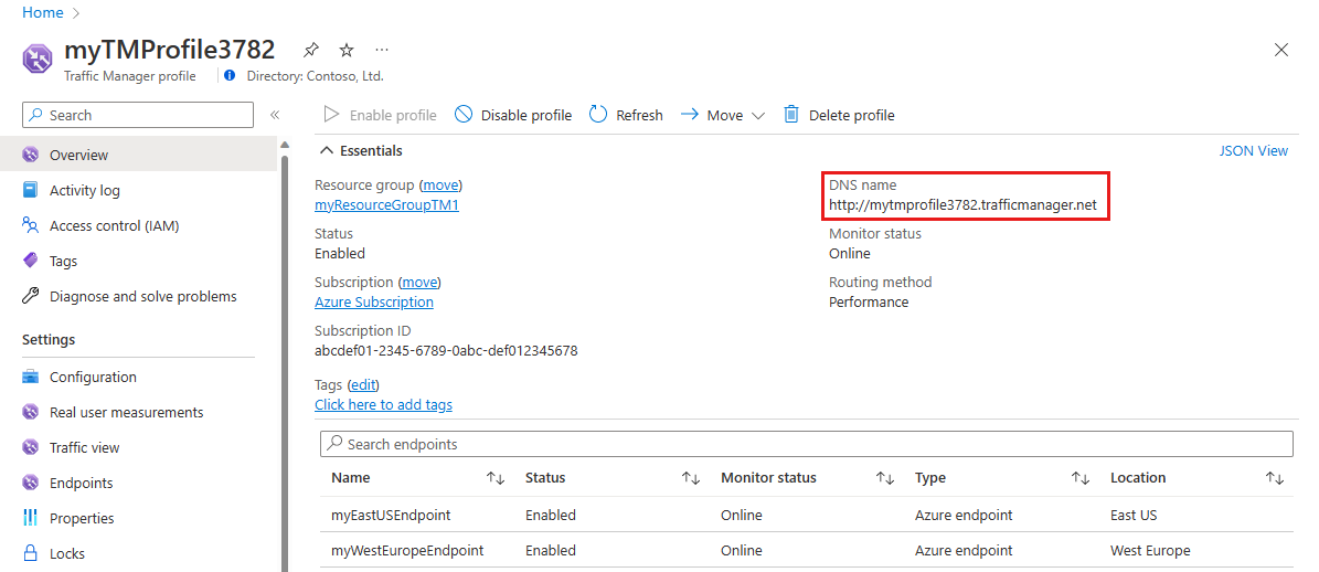 Traffic Manager DNS 名のスクリーンショット。