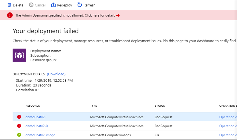 デプロイ失敗のスクリーンショット。指定した管理者が許可されないことが示されています。