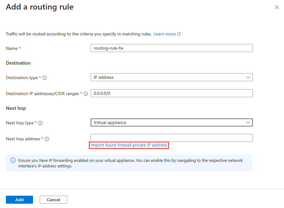 Azure Firewall オプションを使用したルーティング ルールのスクリーンショット。